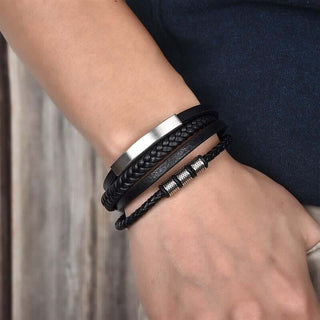 Gents Leather 4 Layer Bar & Beads Bracelet