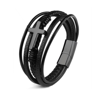 Black leather bracelet with a cross charm on a white background