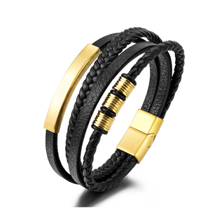 Black braided leather bracelet with gold accents on a white background