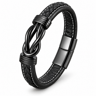 Black leather bracelet with a braided and knot design, featuring white contrast stitching and a matte black metal clasp on a white background.