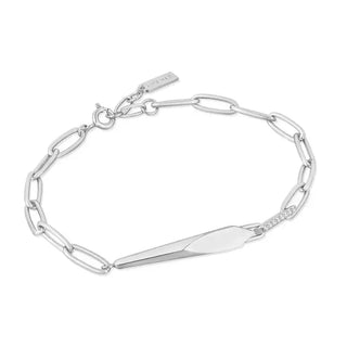 A silver chunky chain bracelet with a geometric bar detail and cubic zirconia sparkle accent.