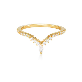 A gold V-shaped ring with marquise-cut clear gemstones along the shoulders and a larger marquise stone at the center, shown on a clean white background.