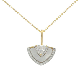 Gold necklace with a triangular pendant on a white background