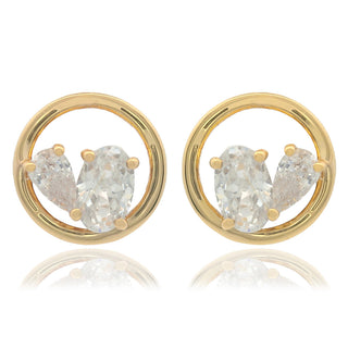 Gold earrings with clear gemstones on a white background