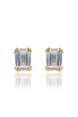 Pair of emerald-cut gemstone earrings with gold settings on a white background