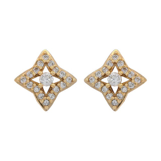 A pair of gold-toned stud earrings with a four-pointed star design, featuring a central clear round gemstone surrounded by smaller pavé-set clear stones, shown on a plain white background.
