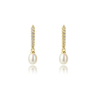 Pair of pearl earrings with gold accents on a white background