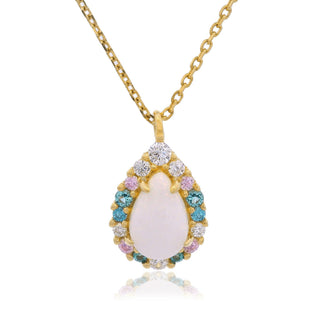 Gold necklace with a teardrop-shaped pendant featuring a pink stone and colorful gemstones on a white background.