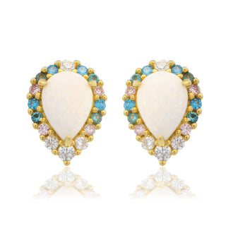 Pair of earrings with white teardrop stones surrounded by colorful gemstones on a white background