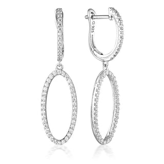 Pair of silver hoop earrings with clear gemstones on a white background