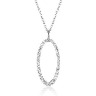 A silver oval pendant necklace with a pavé-set diamond border, suspended from a delicate silver cable chain against a white background.