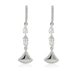 Pair of silver earrings with clear stones on a white background