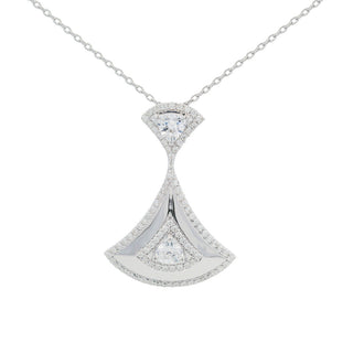 Diamond necklace with a fan-shaped pendant on a white background