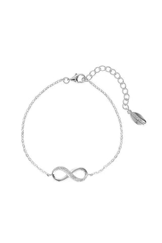 Silver infinity bracelet on a white background