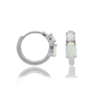 Silver hoop earring with a created opal gemstone on a white background