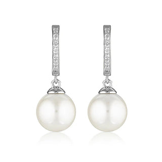 Pair of pearl earrings with silver and diamond accents on a white background
