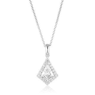 A silver-toned diamond pendant necklace featuring a central clear baguette-cut gemstone surrounded by a halo of smaller round stones, suspended from a delicate cable chain on a white background.