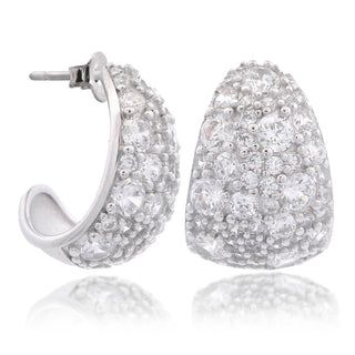 Silver hoop earrings with clear gemstones on a white background