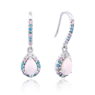 Pair of earrings with pink teardrop stones and multicolored gemstones on a white background