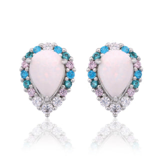 Pair of earrings with pink teardrop stones and blue and purple gemstones on a white background