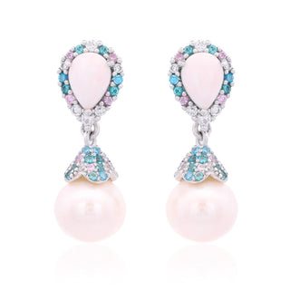 Pair of earrings with pink stones and pearl-like bottoms on a white background