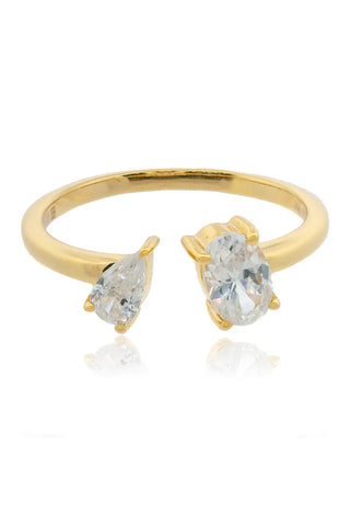 Gold plated georgini ring with two clear gemstones in a toi et moi style on a white background