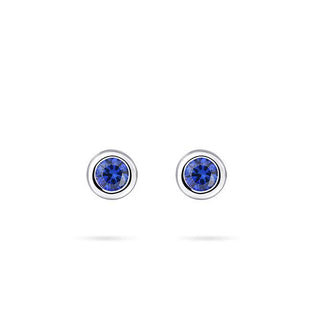 Pair of silver earrings with blue gemstones on a white background