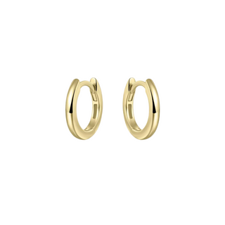 A pair of gold-plated hoop earrings with a polished finish on a white background.