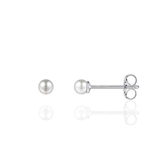 Pair of silver pearl stud earrings on a white background