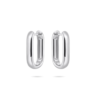 Pair of silver rectangle shaped hoop earrings on a white background