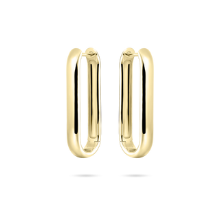 Gold onglong shaped hoop earrings on a white background
