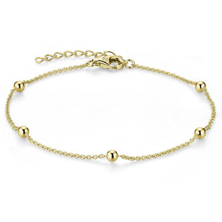 Gold bracelet with small beads on a white background