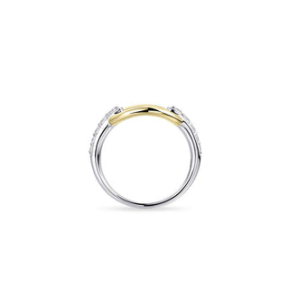 Two-tone gold and silver ring with small diamonds on a white background