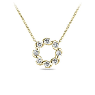 A yellow gold necklace with a circular pendant set with seven clear round-cut gemstones, shown on a plain white background.