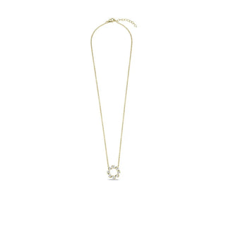 A delicate gold chain necklace with a small silver-toned circular pendant, displayed against a solid white background.