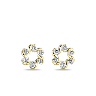 A pair of yellow gold stud earrings featuring a swirling openwork design set with six round-cut clear gemstones, displayed on a clean white background.