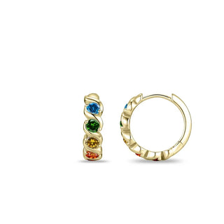 A pair of gold huggie hoop earrings on a white background, one showing the front with a vertical twisted band of blue, green, yellow, and orange stones, and the other showing the back with a small blue stone.