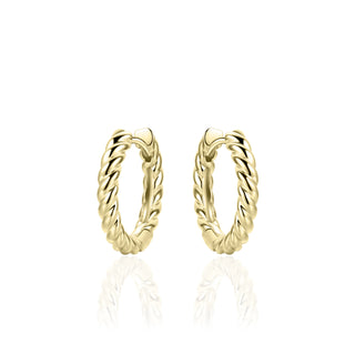 Gold rope effect hoop earrings on a white background