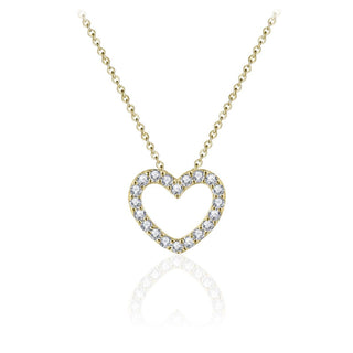 A gold-plated silver necklace with a heart-shaped pendant adorned with sparkling stones, displayed against a white background.
