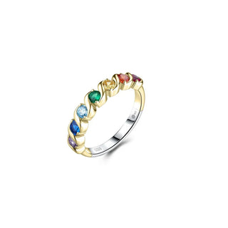 A gold and silver band ring featuring a series of colorful gemstones in a wavy, linked design, set against a clean white background.