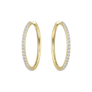 Gold hoop earrings with embedded diamonds on a white background