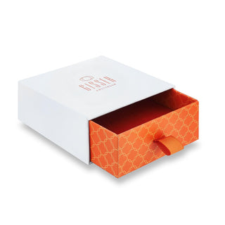 Orange and white Gisser box with geometric pattern on a white background