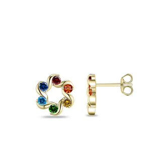 A pair of gold flower-shaped stud earrings with six colorful gemstones in different hues, shown from both the front and side angles on a white background.
