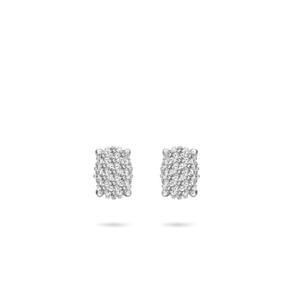 A pair of small silver-toned stud earrings with pavé-set clear stones, shown on a plain white background with soft shadows below.