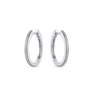 A pair of rhodium-plated silver hoop earrings with sparkling stones, 20mm in diameter.