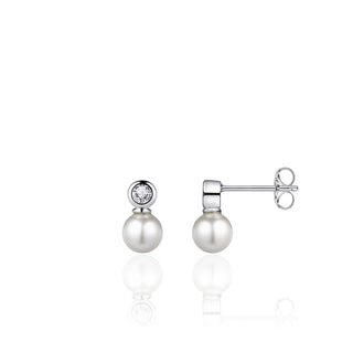 Pair of pearl earrings with a small crystal on a white background