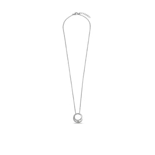Silver necklace with a circular pendant on a white background
