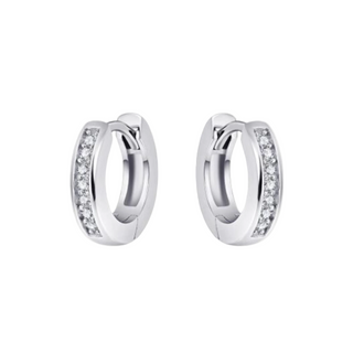 A pair of silver hoop earrings with channel-set cubic zirconia, displayed against a white background.