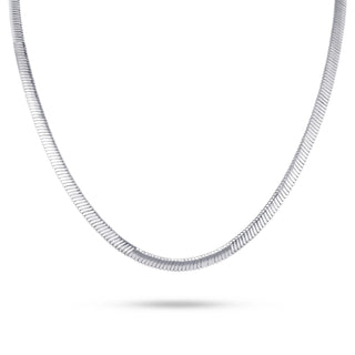 Silver snake chain necklace on a white background
