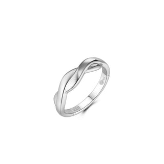 Silver ring with a twisted design on a white background